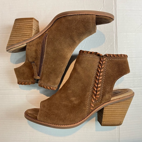 Sofft Sz 10M Suede Leather Peep Toe Block Heel Sandals Brown Boho Ankle Booties - Picture 2 of 10